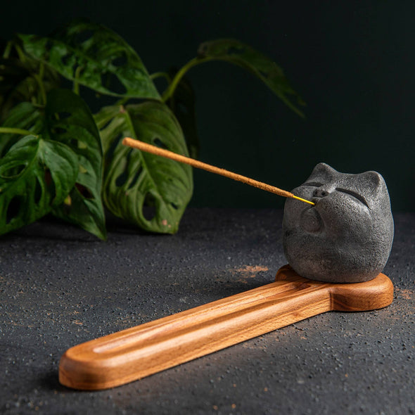 Troy Touch - She-Cat Incense Stick Holder, Handmade Incense Holder with Beech Wood Tray, Incense Holder Tray for Cat Lovers