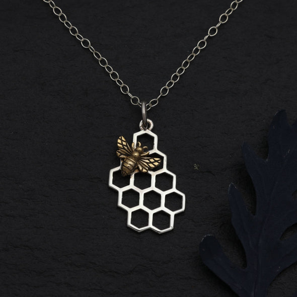 Sterling Silver Honeycomb Necklace with Bronze Bee