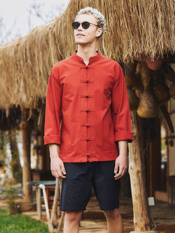 Knot Button Band Collar Men's Shirt