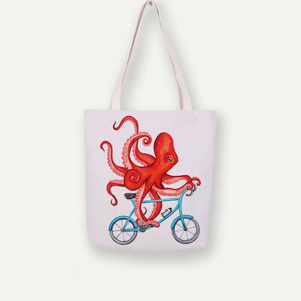 Octopus On Bike Tote Bag, Handbag