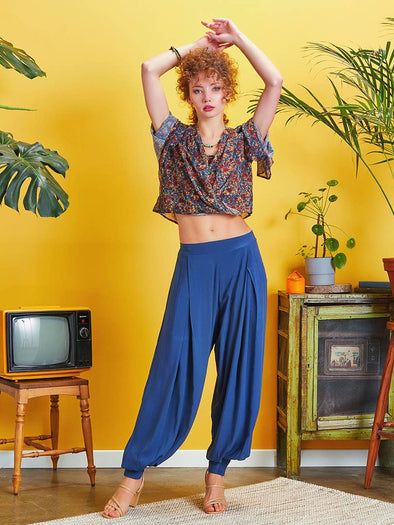 Pleat Detail Boho-Chic Blue Harem Pants