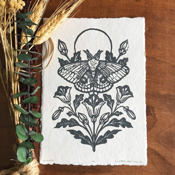 IO Moth & Poppies Handprinted Linocut on Handmade Paper 5x7"