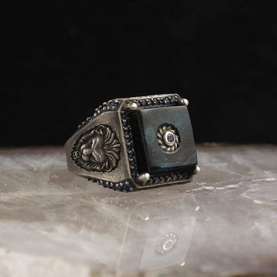 Ephesus Jewelry - Lion Ring for Men Sterling Silver with Blue Amber