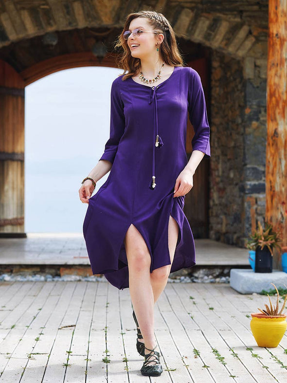 Purple Beaded Slits Boat Neck Tassel Tunic Dress