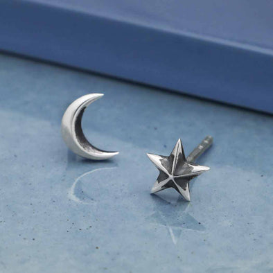 Sterling Silver Ridged Star and Moon Post Earrings 7x5mm