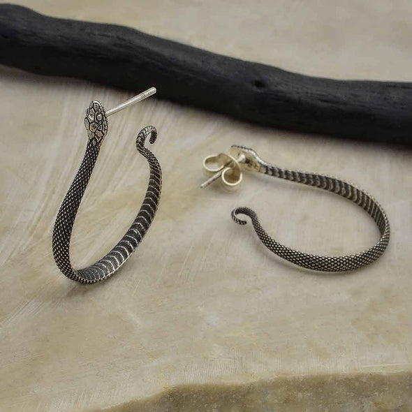 Sterling Silver Textured Snake Hoop Earrings 35x25mm