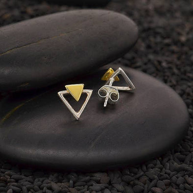 Sterling Silver Triangle Post Earrings with Bronze 9x9mm