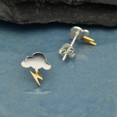 Silver Cloud Post Earrings with Bronze Lightning 10x9mm