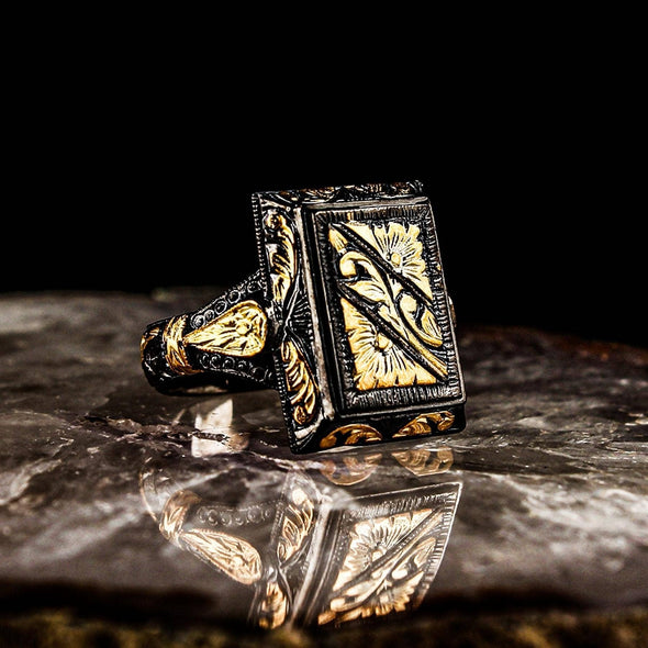 Ephesus Jewelry - Mens Carved Ring Rectangular Gold Plated